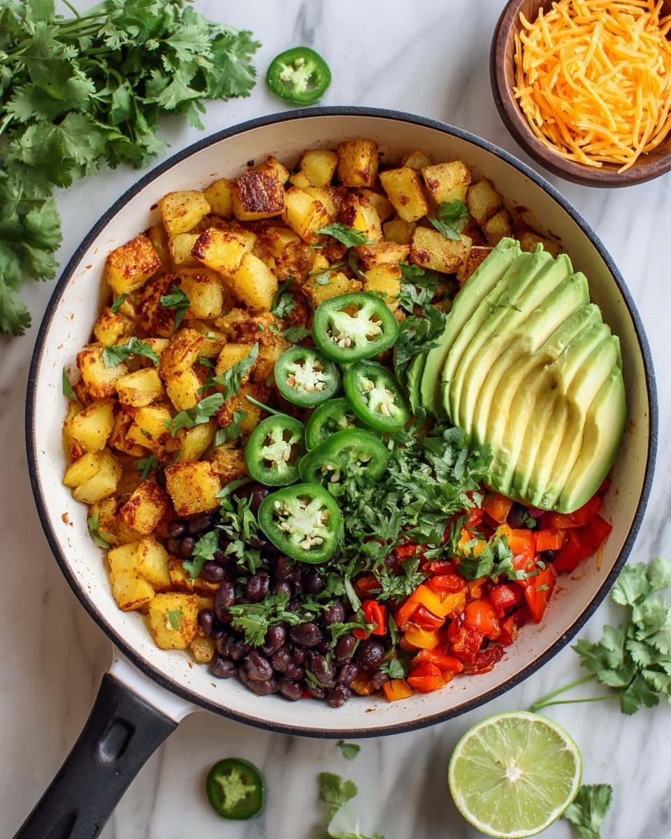 A white skillet filled with small golden brown potato cubes mixed with red bell pepper pieces and black beans, topped with green sliced jalapeno rings, fresh cilantro leaves, and fanned slices of light green avocado, plus a lime wedge in the center. To the upper right, a wooden bowl holds shredded orange cheese, and a beige ceramic bowl with lime wedges sits nearby. A gray cloth napkin rests to the left on a white marbled surface, with fresh cilantro scattered around. Photo taken with an iphone --ar 4:5 --v 7