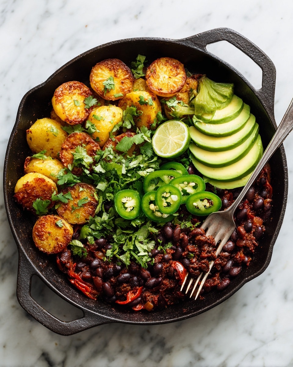 In a cast iron skillet on a white marbled surface, there is a dish with four main layers. The bottom layer is a mix of small, cooked black beans and chopped red bell peppers, giving a dark and reddish base with a soft texture. On top, there are golden-brown crispy diced potatoes scattered around, adding a crunchy and bright yellow layer. Next, there are thin slices of bright green avocado fanned out in the center right. On and around the avocado, thin round slices of fresh green jalapeño peppers and fresh green cilantro leaves are placed for garnish. A slice of lime with a pale green inside is seen on the top right edge. A silver fork rests into the food on the right side, partly buried among the potatoes and beans. photo taken with an iphone --ar 4:5 --v 7