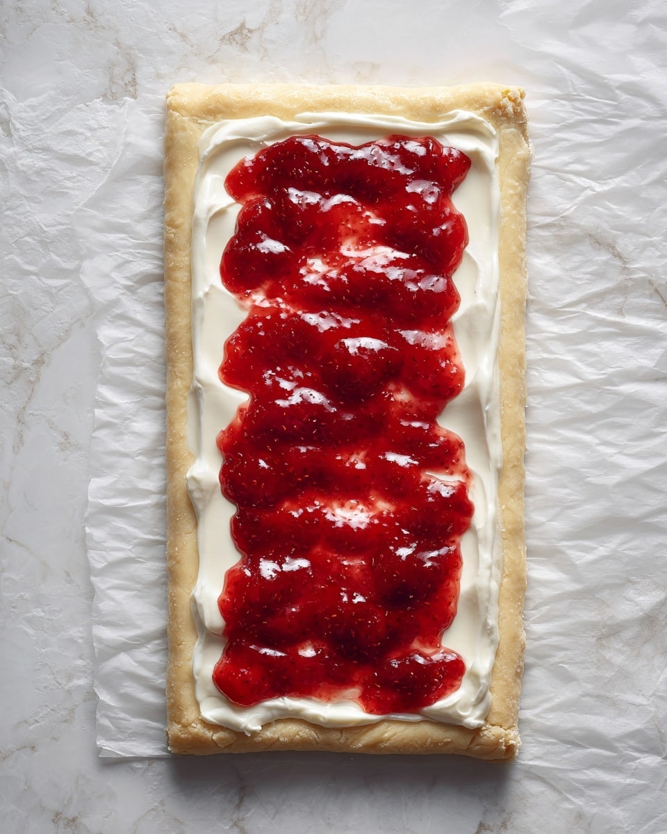 The image shows a rectangular pastry dough laid flat on a white marbled surface, topped with two layers inside a rectangular border near the edge: the bottom layer is smooth white cream spread evenly almost to the edges, and on top of that is a thick layer of red strawberry jam with a glossy texture that forms some uneven blobs along the length. The dough itself is a pale yellow color with a slightly flaky texture, and the white cream contrasts sharply with the shiny red jam, creating a neat, layered look. The background is a lightly crumpled white parchment paper beneath the dough. photo taken with an iphone --ar 4:5 --v 7