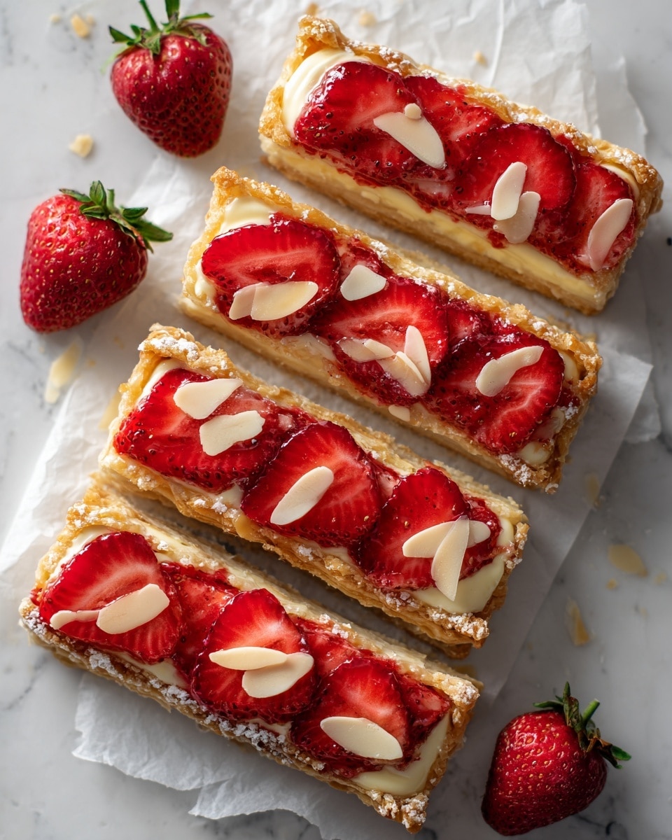 The image shows five rectangular pieces of puff pastry tarts arranged in a slightly overlapping line on white parchment paper over a white marbled surface. Each tart has three visible layers: a golden, flaky puff pastry base with a textured and crispy look, a creamy white layer of custard spread evenly on top, and a vibrant red strawberry glaze with fresh strawberry slices arranged neatly on the surface. Thin slices of pale almond flakes are scattered on the tarts, adding texture. Two whole red strawberries with green tops are placed near the tarts on the parchment. photo taken with an iphone --ar 4:5 --v 7