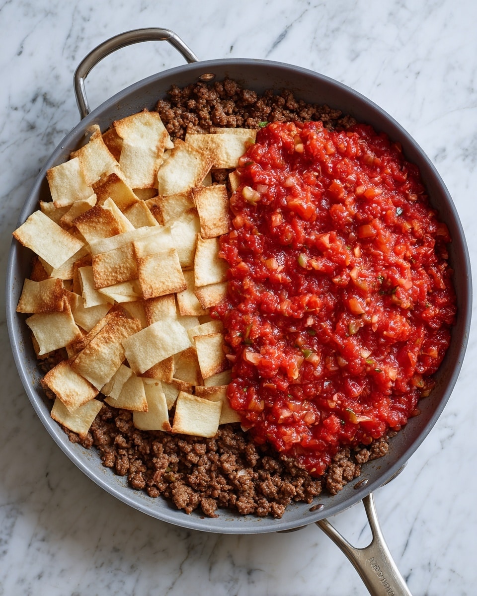 This image shows a gray pan with a handle on a white marbled surface. Inside, there are three main layers: on the left, a pile of uncooked, pale beige tortilla chip pieces stacked unevenly; next to them on the right, a thick layer of chunky, bright red salsa with visible tomato pieces and bits of green; below and around the salsa, browned cooked ground meat mixed with small bits of onion, forming the base layer that covers the bottom of the pan. Photo taken with an iphone --ar 4:5 --v 7