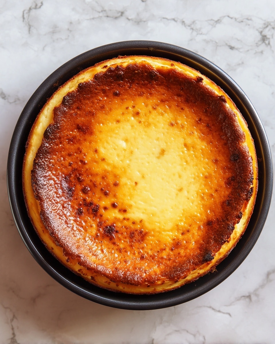 A round baked cheesecake with a smooth and slightly cracked golden brown top layer, sitting in a round black pan with some crumbs around the edges. The cheesecake surface has a gradient of light yellow in the center to darker brown near the edges. The background is a white marbled texture. photo taken with an iphone --ar 4:5 --v 7