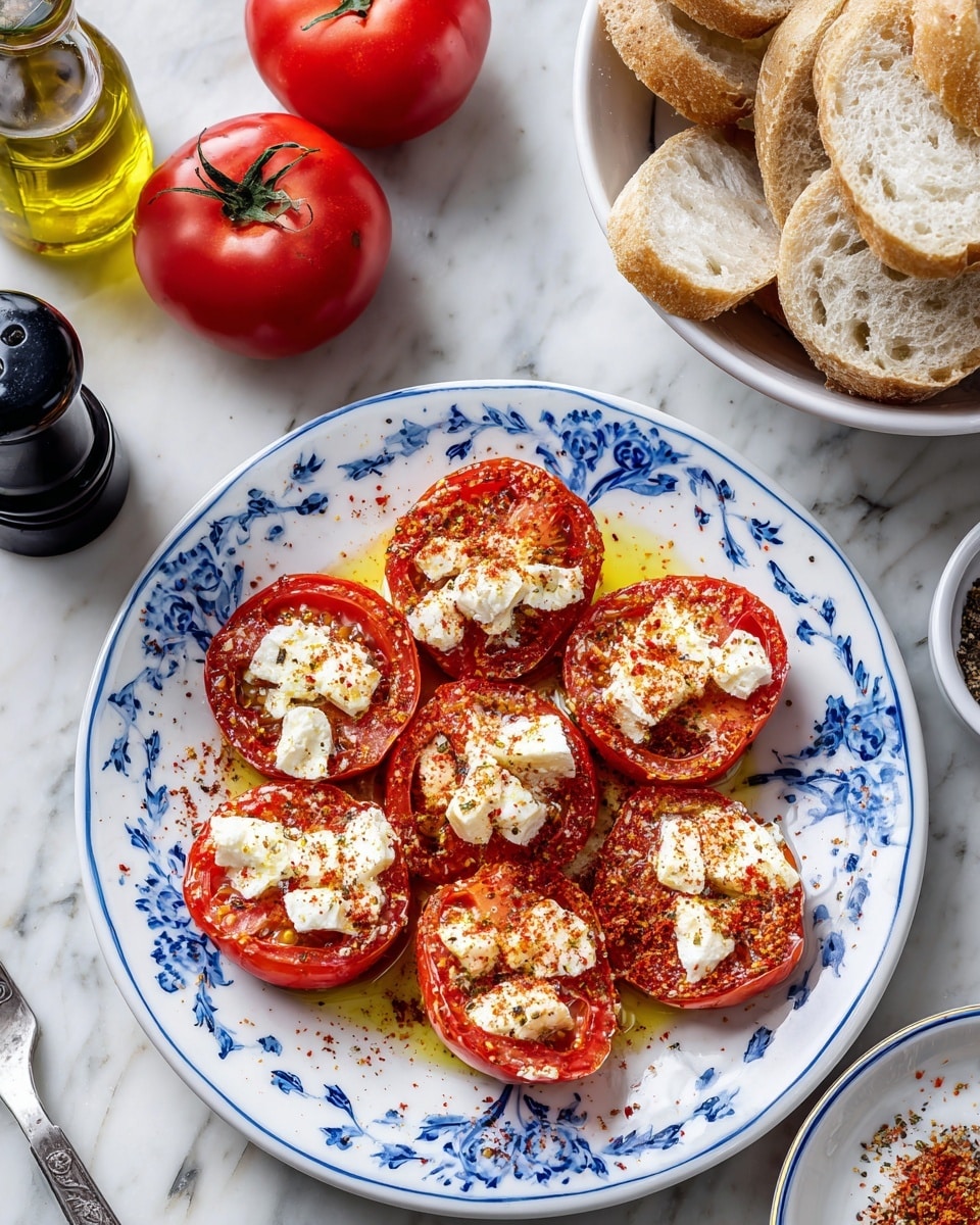 The image shows a white plate with blue floral patterns filled with halved red tomatoes arranged in a circle. Each tomato half is topped with a white crumbly cheese and sprinkled with a red spice. There is a light drizzle of golden olive oil on and around the tomatoes. To the right of the plate, there is a white bowl filled with sliced bread pieces. Behind the bowl are two red whole tomatoes, a black pepper container, and a bottle of olive oil. The surface beneath is a white marbled texture. Photo taken with an iphone --ar 4:5 --v 7