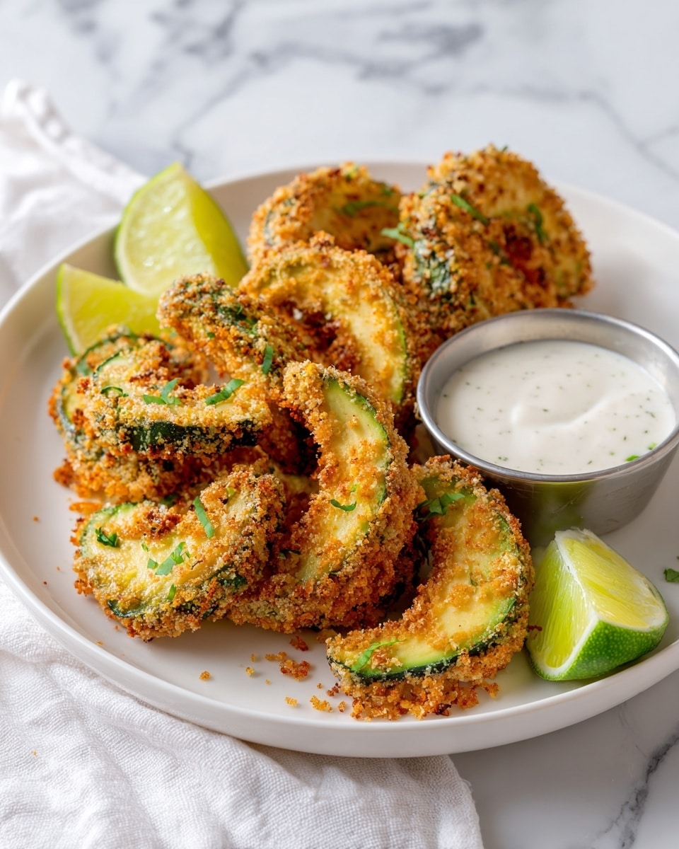 Several golden-brown crispy avocado slices coated in crunchy crumbs are arranged on a white plate, showing bits of the green inside, some lying flat and others slightly tilted, with a small round metal bowl of creamy white dipping sauce near the bottom right. Two green lime wedges sit on the left side of the plate, one resting partly on the other. The plate is placed on a white marbled surface with a white cloth partially visible on the left side. Photo taken with an iphone --ar 4:5 --v 7