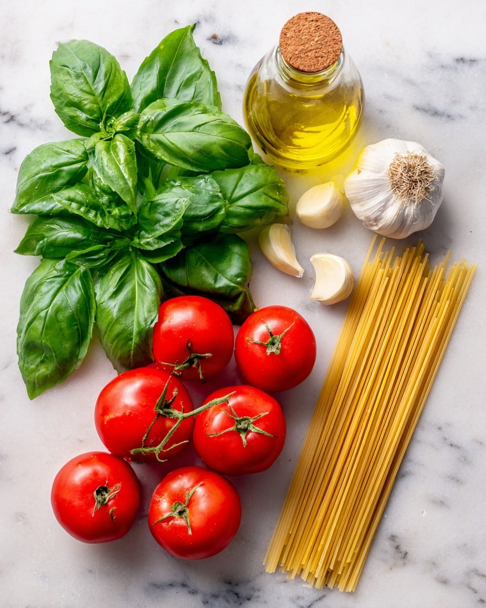 The image shows ingredients arranged on a white marbled surface: a glass bottle with yellow olive oil and a cork on top is placed on the upper left; next to it are fresh green basil leaves with smooth, large leaves; below the basil are nine shiny red Roma tomatoes scattered closely; on the right side, two peeled garlic cloves are visible; at the bottom, a row of uncooked thin spaghetti strands is spread out neatly in a horizontal line. Photo taken with an iphone --ar 4:5 --v 7