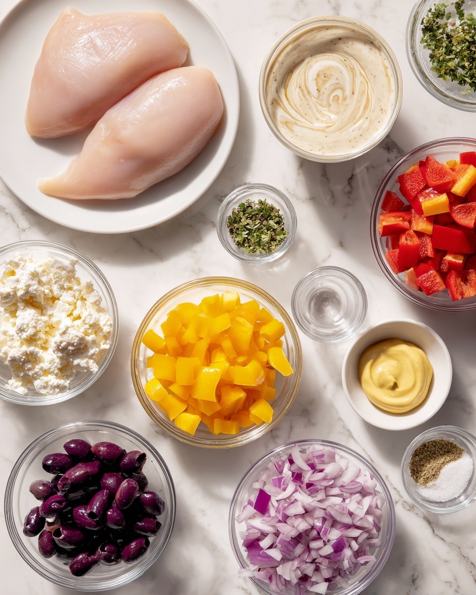 The image shows an overhead view of various small bowls arranged on a white marbled surface, each filled with different ingredients. Starting at the top left, a white plate holds two raw chicken breast pieces, smooth and pale pink. Nearby, a small white bowl with chopped green herbs sits next to a round glass container filled with creamy, light-colored sauce with a swirl pattern. To the right, a small white dish holds bright yellow mustard, and next to it, a white bowl contains diced red bell peppers with a glossy texture. Below, a larger white bowl holds bright yellow diced fruit or vegetables, while a smaller glass dish contains a mix of dried herbs. Continuing, a white bowl with black sliced olives is positioned above a white bowl with diced purple onions showing a slightly shiny finish. On the left side toward the bottom, a white bowl holds a crumbly white cheese, and small glass dishes contain clear liquid and a mix of salt and pepper. Photo taken with an iphone --ar 4:5 --v 7