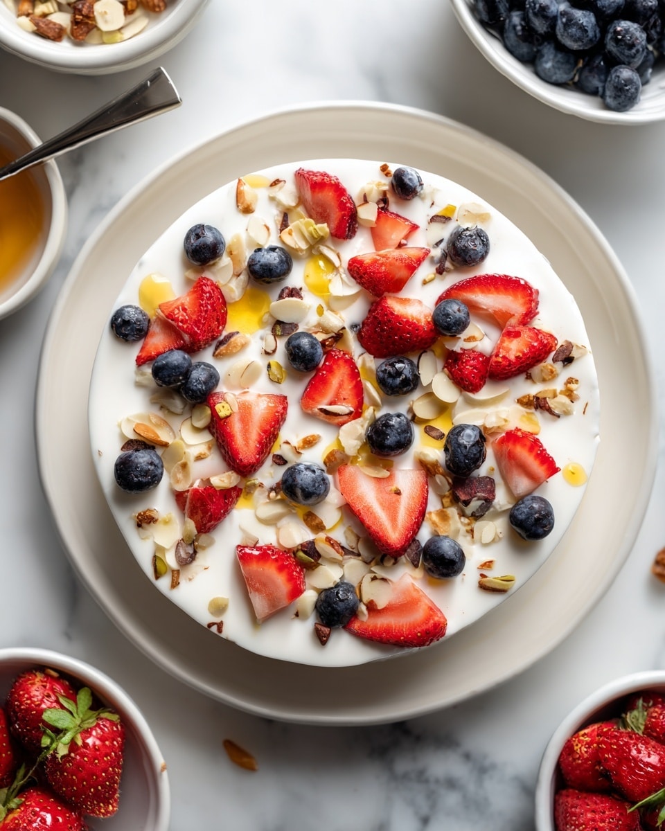 The image shows a white plate with four slices of a frozen yogurt bark dessert. The bark has a thick white base layer of frozen yogurt, topped with bright red sliced strawberries, dark blue blueberries, and light beige almond slices scattered evenly across the surface. The bark is cut into clean square pieces, and the plate rests on a white marbled surface. In the background, there is a blurred white bowl with more sliced strawberries. The photo is bright and clear, taken with an iphone --ar 4:5 --v 7