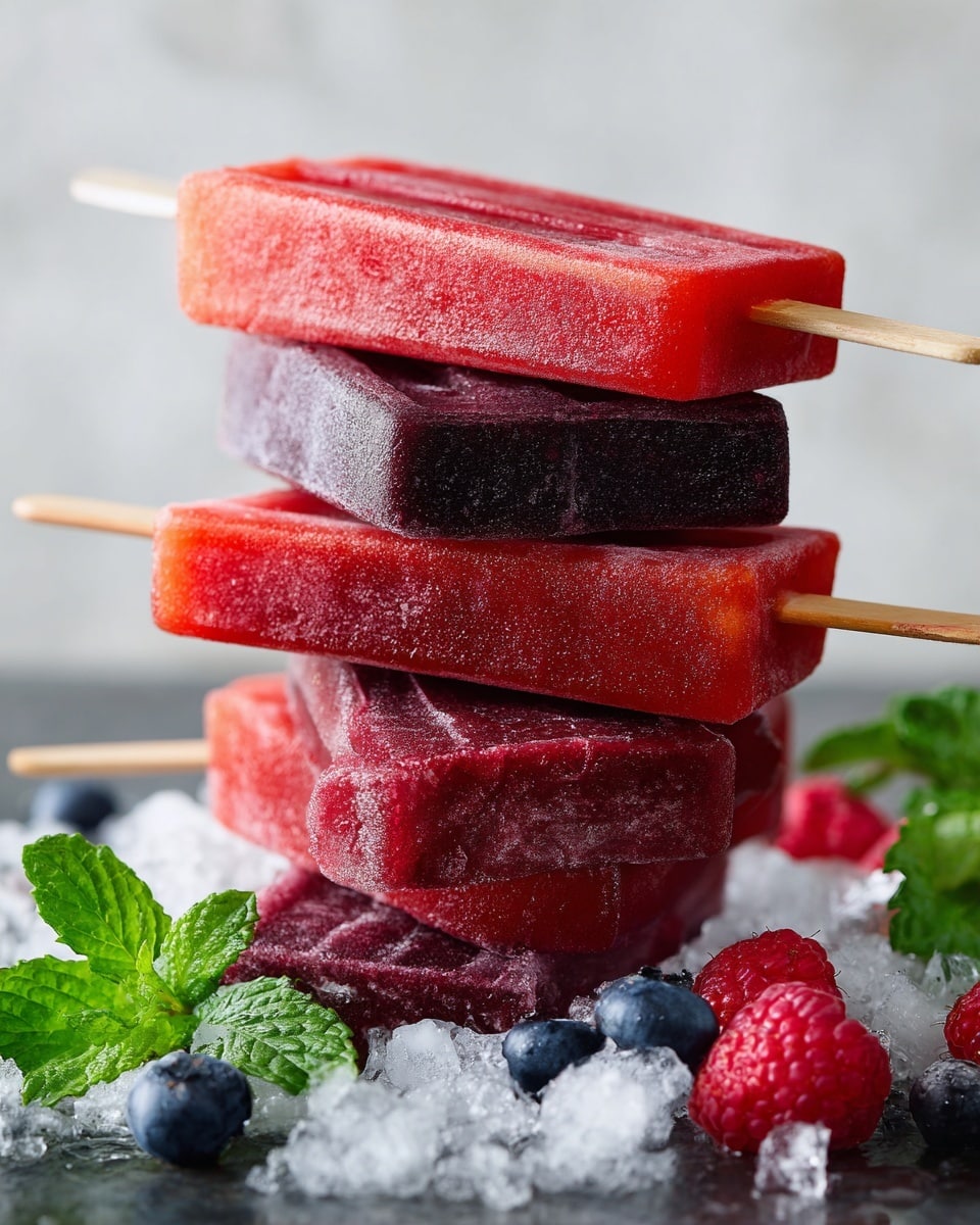 A close-up view of a stack of six ice pops on wooden sticks, arranged vertically on a black surface covered with ice cubes. The popsicles alternate between bright red and dark purple colors, each with a smooth but slightly textured surface. The bottom layer is a bright red ice pop, followed by a dark purple one in the middle, and a bright red one at the top. Fresh green mint leaves are scattered around the base of the stack, along with fresh raspberries and blueberries. The overall scene has a fresh and cold look with a white marbled texture background behind, photo taken with an iphone --ar 4:5 --v 7