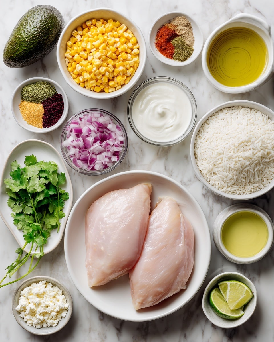 The image shows many small white bowls and a white plate arranged on a white marbled surface, each holding different fresh ingredients for a recipe. In the center, a large white bowl contains two raw, pale pink chicken pieces. Around it, smaller white bowls hold yellow fire roasted corn kernels, white jasmine rice grains, light green lime juice, pale golden olive oil, and creamy white Greek yogurt. A white bowl contains finely chopped red onion, while a small white plate has a mix of colorful spices including red, black, and brown powders. Nearby, there is a whole dark green avocado, bright green fresh cilantro sprigs, a small white bowl filled with crumbly white cotija cheese, and another small bowl with smooth white mayonnaise. A small bowl of finely grated lime zest sits near the bottom edge, completing the collection of fresh, natural ingredients arranged neatly for cooking preparation. photo taken with an iphone --ar 4:5 --v 7