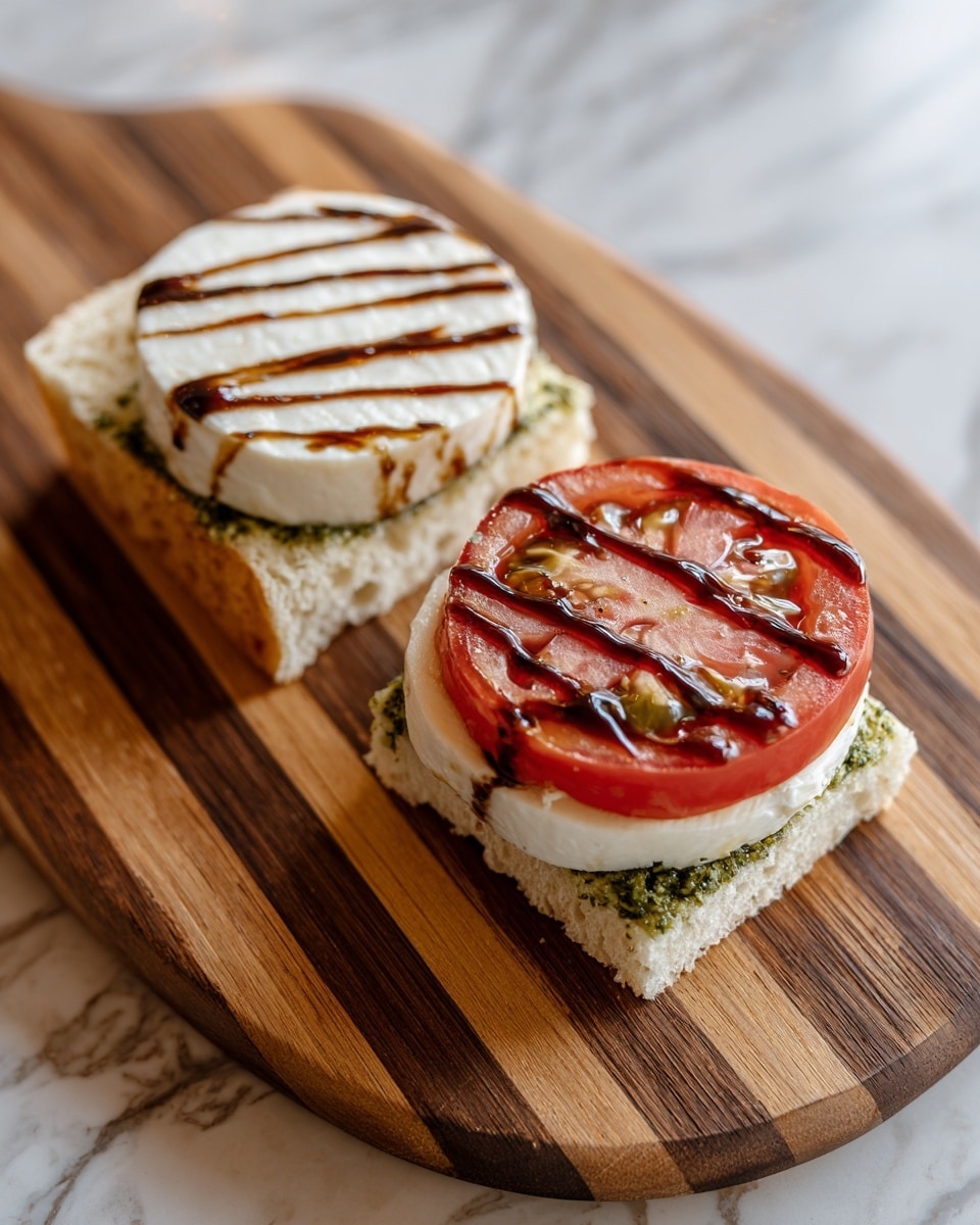 A sandwich sits open-faced on a round wooden board with a striped wood pattern and many scratches. The open sandwich has three visible layers: the bottom layer is a light beige square piece of bread with small holes and a soft texture, spread with a green pesto sauce layer. On top of the pesto is a round, thick slice of bright red tomato, followed by a thick, round layer of white cheese with a soft texture. Drizzled on the cheese are lines of dark brown balsamic glaze. Next to the sandwich is another piece of the same light bread, placed flat and empty. The wood board rests on a white marbled surface. photo taken with an iphone --ar 4:5 --v 7