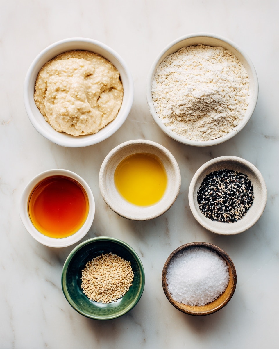 The image shows seven small bowls arranged over a white marbled surface, each filled with different ingredients. In the top left, a white bowl holds a creamy beige sourdough starter with a bubbly texture. To its right, a white bowl is filled with a heap of pale brown flour with a soft, powdery appearance. Below, a small white bowl contains smooth, golden olive oil. On the bottom row from left to right are a small white bowl of glossy amber maple syrup, a green bowl with coarse white salt crystals, a small white bowl with a mix of black and white sesame seeds, and a brown bowl at the bottom holding coarse sea salt crystals. Each bowl is labeled with black text on a white marbled background. Photo taken with an iphone --ar 4:5 --v 7