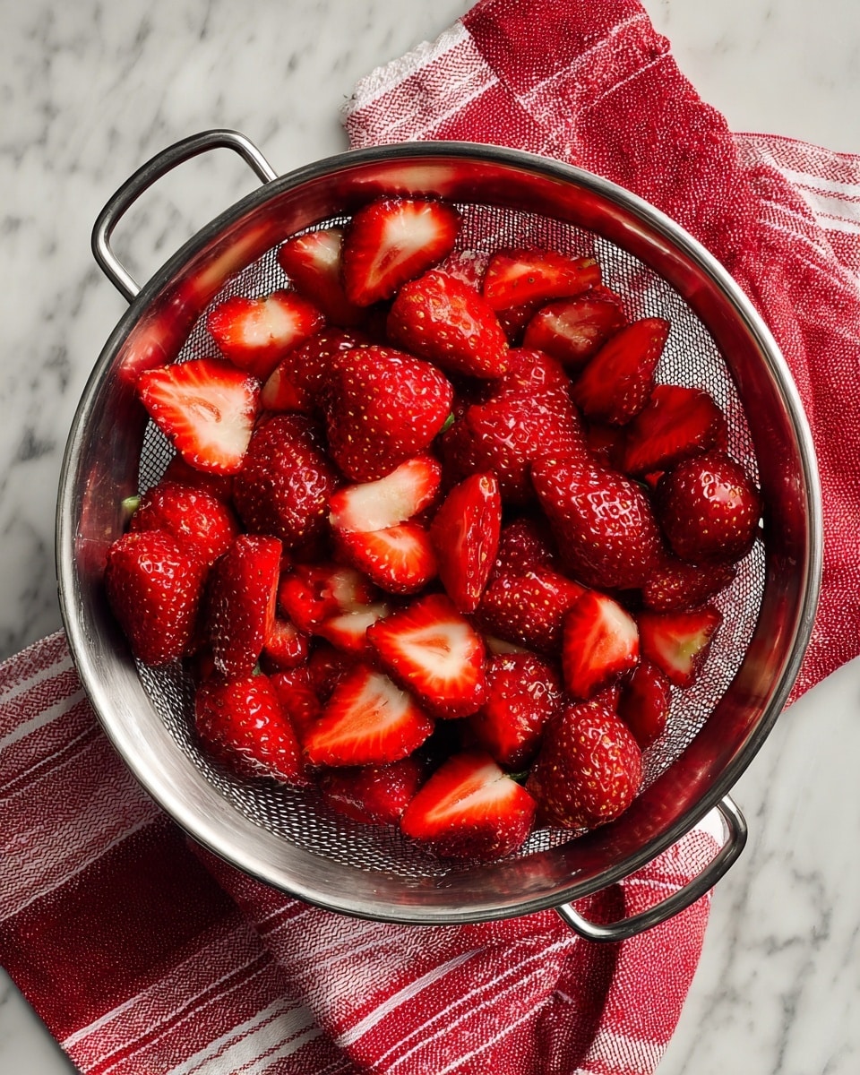 The image shows a shiny metal colander filled with bright red strawberries, all cut in half to expose their lighter red and white insides. The strawberries have a fresh, slightly textured surface with visible seeds. The colander sits on a red and white cloth, placed on a white marbled surface. The overall look is fresh and clean. photo taken with an iphone --ar 4:5 --v 7