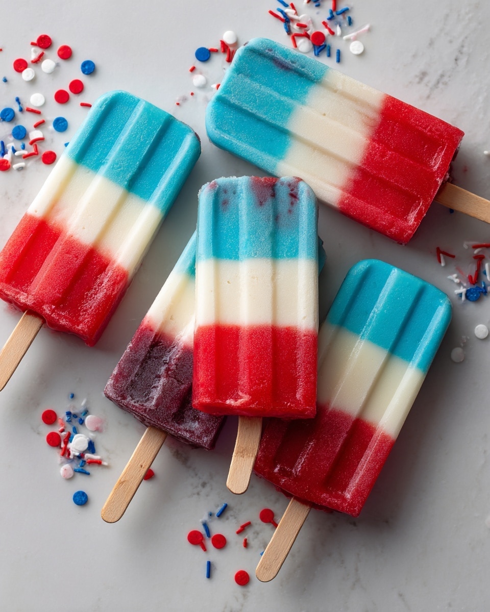 The image shows two popsicles on a white marbled surface. Each popsicle has three layers: the top layer is bright red and slightly textured, the middle layer is smooth and creamy white, and the bottom layer is dark purple with a chunky texture. The popsicles have wooden sticks at the bottom. Around the popsicles, there are fresh strawberries and blueberries, some whole and one strawberry sliced in half, with green mint leaves adding a fresh touch. Photo taken with an iphone --ar 4:5 --v 7