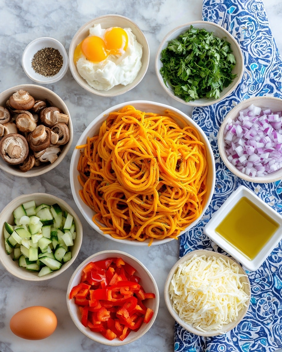 A white round bowl sits in the center filled with tangled orange-colored spaghetti. Surrounding it in a circle are smaller white bowls holding various ingredients: chopped brown mushrooms, fresh green parsley leaves, a few chunks of light yellow cheese, two whole brown eggs, diced green cucumbers, a white creamy spread, bright red chopped bell peppers, shredded white cheese, and finely chopped purple onions. There is also a small white square dish with ground black pepper and a small round bowl with golden olive oil. All the bowls are placed on a white marbled surface with a blue patterned cloth underneath, creating a neat and colorful arrangement. photo taken with an iphone --ar 4:5 --v 7