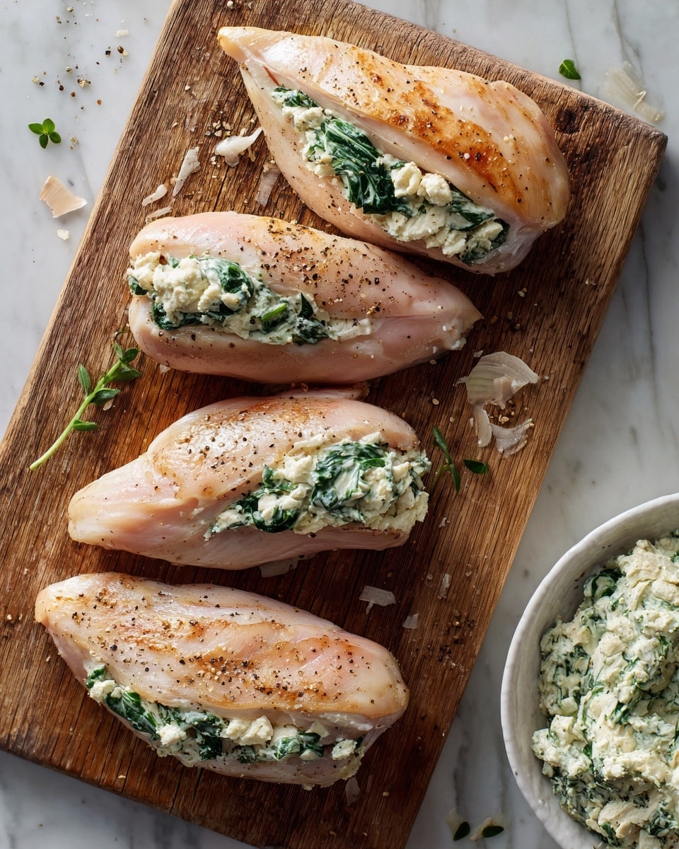 Four pieces of raw chicken fillets on a wooden cutting board, each fillet sliced open and stuffed with a creamy mixture that has green leafy bits, likely spinach or herbs. The chicken pieces have a smooth, shiny texture with a light pinkish color and are sprinkled with black pepper. Small crumbs of the filling are scattered around the cutting board. In the bottom right corner, part of a white bowl filled with more of the creamy green filling is visible. The background is a white marbled texture. Photo taken with an iphone --ar 4:5 --v 7