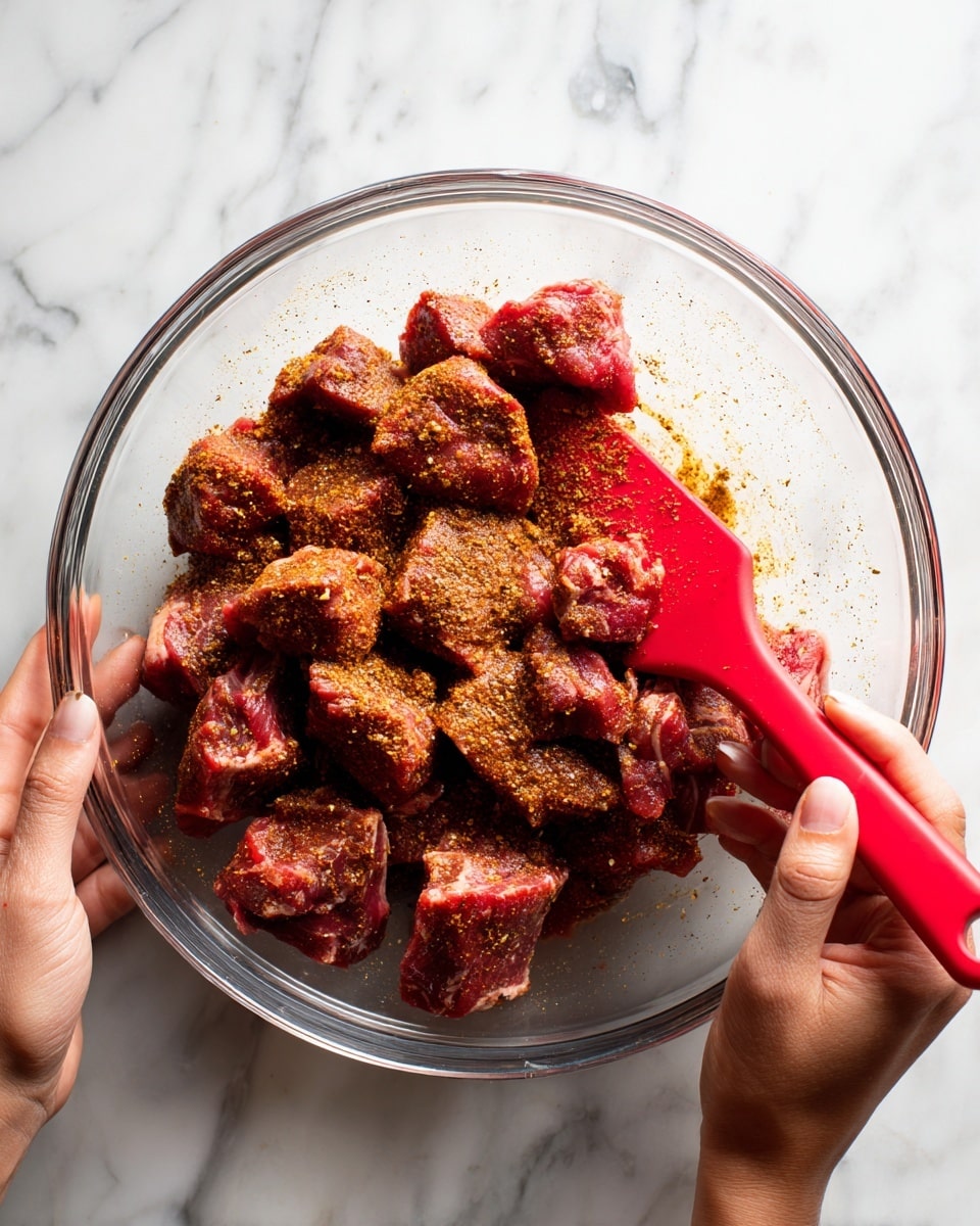 A clear glass bowl sits on a white marbled surface, filled with raw red meat chunks covered with brown spices on top. A woman's hand on the left holds the bowl steady while another woman's hand on the right uses a red spatula to mix the meat and spices. The meat pieces are chunky and uneven in shape, and the spices sprinkle lightly over the meat, creating a textured look. The background consists of the white marbled surface visible around the bowl. photo taken with an iphone --ar 4:5 --v 7