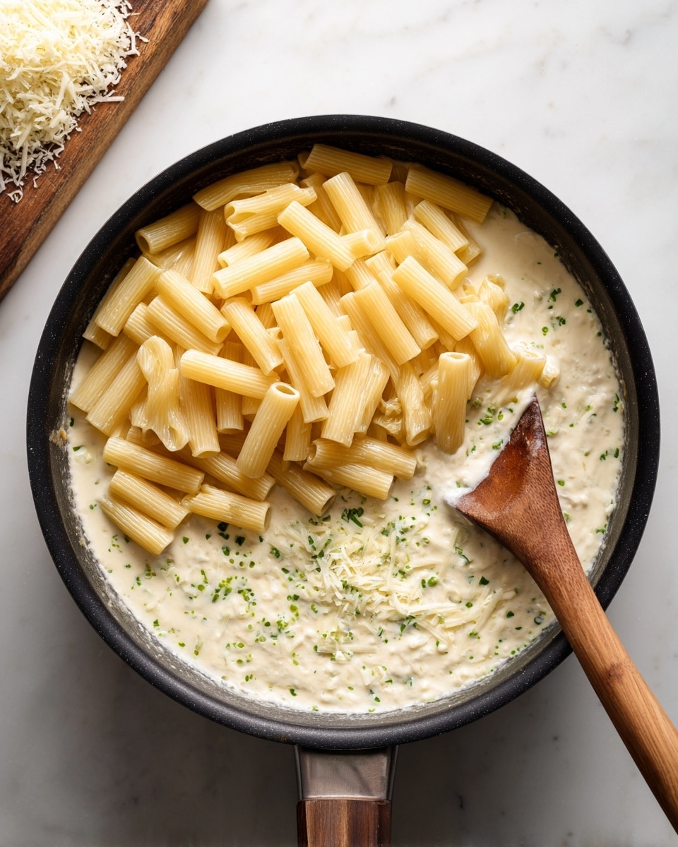 A close-up view of a black pan filled with a creamy white sauce with small green herb bits mixed in. On top of the sauce, there is a pile of uncooked pale yellow tube-shaped pasta scattered across the center. A wooden spoon with a rounded head is resting partially buried in the sauce on the right side of the pan. The pan sits on a white marbled surface, and to the upper left, the edge of a wooden cutting board with some grated white cheese is visible. Photo taken with an iphone --ar 4:5 --v 7