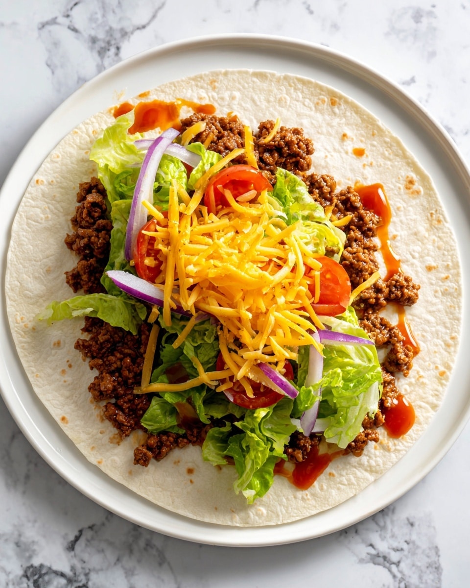 A white tortilla is laid flat on a white plate with a white marbled surface beneath. In the center of the tortilla, there is a base layer of cooked ground meat, brown and crumbly, topped with shredded yellow cheddar cheese scattered unevenly. On top of the cheese, there is a fresh layer of green leafy lettuce and thin slices of red tomato and purple onion, all arranged casually. Some red sauce is drizzled over the layers, adding contrast to the bright vegetables. Photo taken with an iphone --ar 4:5 --v 7
