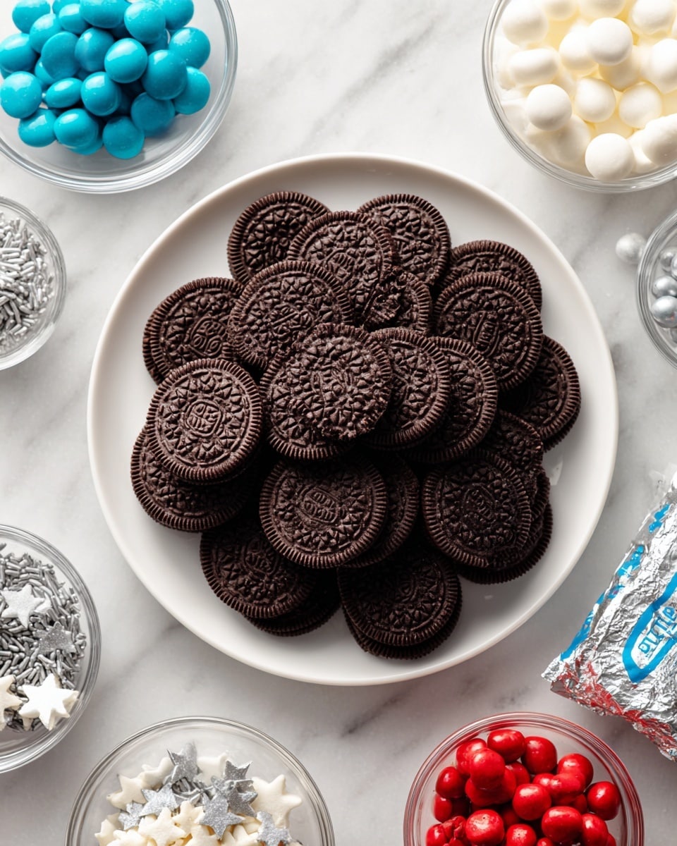 A white plate filled with a single layer of dark brown Oreo cookies, each cookie neatly aligned to form a full circle; around the plate are five clear glass bowls and a wrapped block of cream cheese placed on a white marbled surface. The bowls hold different colorful candy melts and sprinkles: one contains small white star-shaped confetti sprinkles, another is filled with smooth, round white candy melts, a third has bright blue candy melts, a fourth holds vibrant red candy melts, and the last bowl is just the wrapped cream cheese in silver foil with blue text. The arrangement is clean and organized. photo taken with an iphone --ar 4:5 --v 7