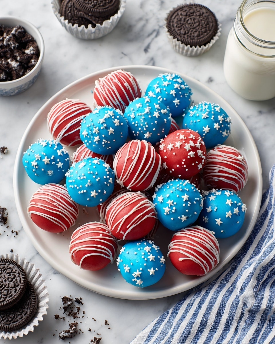 A white plate sits on a white marbled surface filled with round cake balls in two main colors. The first layer shows bright blue cake balls topped with white star-shaped sprinkles evenly spread, giving a textured look. Surrounding the blue ones, there are red cake balls decorated with white zigzag lines painted on top, creating a contrasting smooth striped pattern. Around the plate, there are a few cupcake liners filled with crumbled dark chocolate, some Oreo cookies partially visible, and a white jar of milk. A corner of a white and blue striped cloth is also shown near the bottom right corner. Photo taken with an iphone --ar 4:5 --v 7