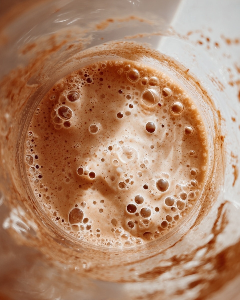 A close-up view of a clear blender container filled with a light brown, frothy liquid with many small bubbles covering the surface and a few bigger bubbles scattered around. The inside walls of the blender have small splashes of the same brown liquid. The blender is placed on a white marbled surface. photo taken with an iphone --ar 4:5 --v 7