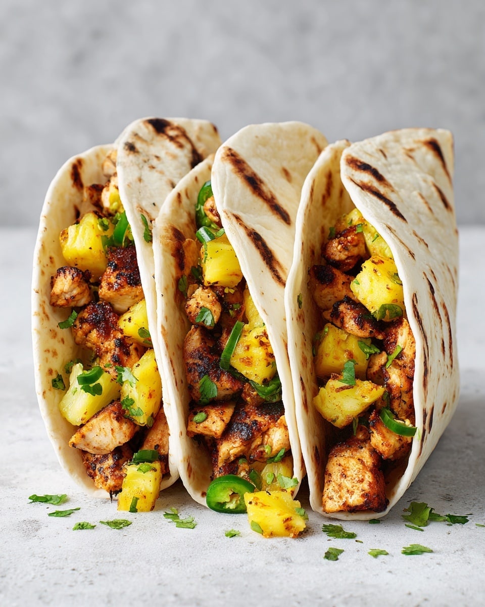 Three soft white tortillas folded and standing upright side by side on a white marbled surface, each filled with grilled golden-brown chicken pieces as the bottom layer. On top of the chicken, there are bright yellow chunks of pineapple mixed with fresh green jalapeño slices and chopped cilantro scattered over, adding pops of color and texture. The tortillas show light brown grill marks and a slight softness, with the filling generously spilling out a little from the top. Photo taken with an iphone --ar 4:5 --v 7