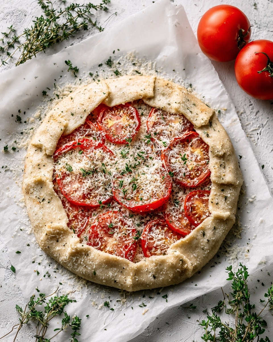A round galette sits on a white baking tray lined with parchment paper, on a white marbled surface. The galette has a crust folded over the edge in an uneven rustic way, the dough is light beige with visible flecks of herbs. Inside, there is one layer of red tomato slices arranged closely, topped with a sprinkling of grated white cheese and small green herb bits scattered evenly. Fresh green parsley and thyme sprigs lie around the baking tray, and two whole red tomatoes rest to the side on the white marbled surface. Photo taken with an iphone --ar 4:5 --v 7