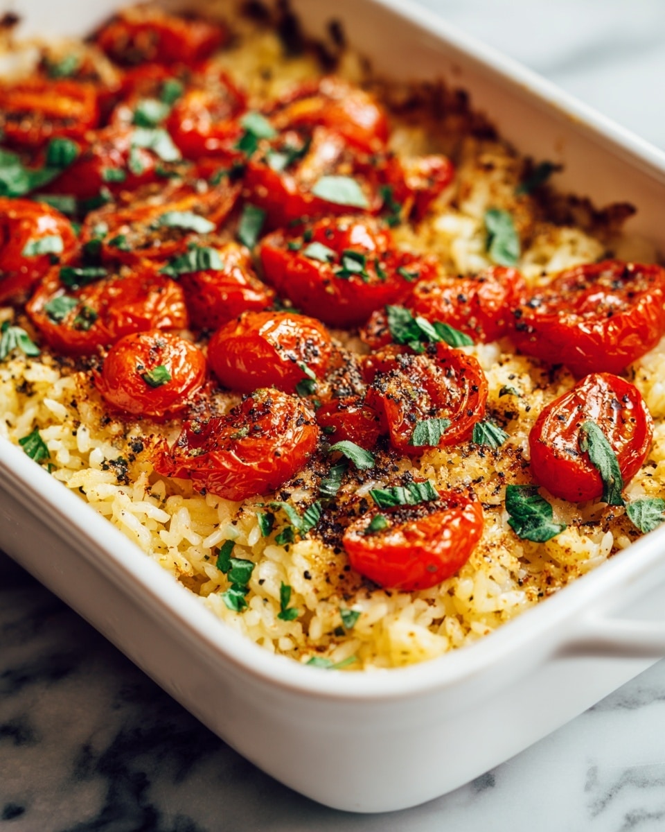 The dish is a baked rice casserole in a white rectangular dish, placed on a white marbled surface. The bottom layer is a mix of golden and light brown cooked rice with some herbs. On top of the rice is a layer of bright red cherry tomato halves, slightly roasted and sprinkled with green herbs and black pepper. Small fresh green leaves are scattered among the tomatoes, adding contrast. The rice near the edges looks crisp and slightly browned, showing texture from baking. The whole dish has a warm, inviting look with a mix of yellow, red, and green colors photo taken with an iphone --ar 4:5 --v 7