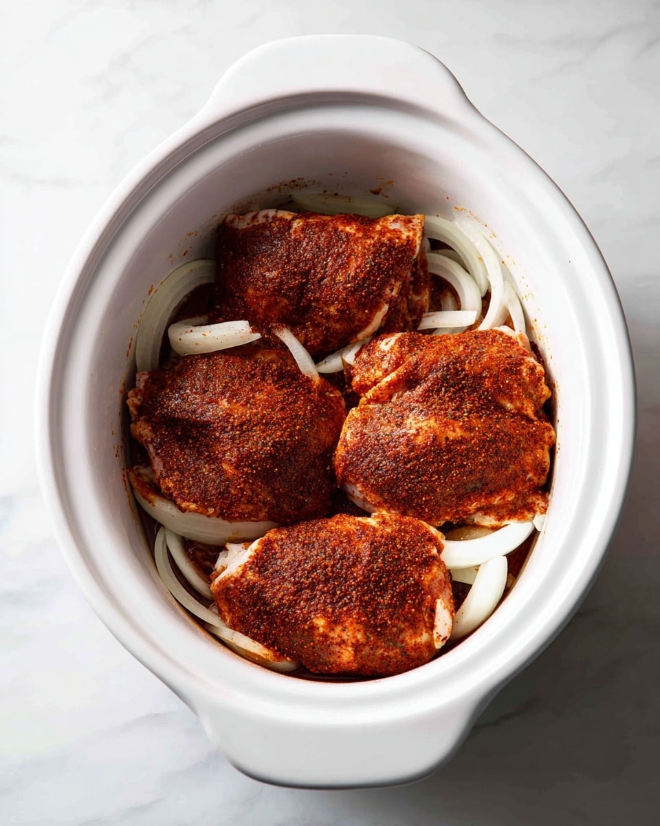 Inside a white slow cooker, there are five pieces of raw chicken layered neatly side by side. The chicken is covered with a dark reddish-brown spice mix that evenly coats each piece, giving the surface a textured look. Beneath the chicken, thin slices of white onion are spread out, partly visible under the meat. The slow cooker sits on a white marbled surface. The image is bright and clear, showing all details sharply. photo taken with an iphone --ar 4:5 --v 7
