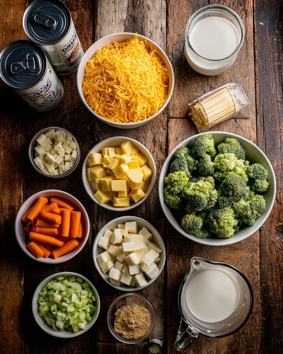 The image shows a top view of various ingredients for a recipe, each placed in white bowls or containers on a rustic wooden table. On the top left are two cans of chicken broth. Next to them, a large white bowl holds bright orange shredded cheddar cheese. To the right, a large white bowl is filled with green broccoli florets. Below, several smaller white bowls contain different ingredients: thin orange carrot sticks, yellow cubed potatoes, chopped white onions, a bowl of white flour, and diced light green celery. There is also a clear glass measuring cup holding milk, and small white bowls with light brown nutmeg, pale yellow butter sticks, chopped garlic, all set on the wooden surface. The photo is taken with an iphone --ar 4:5 --v 7
