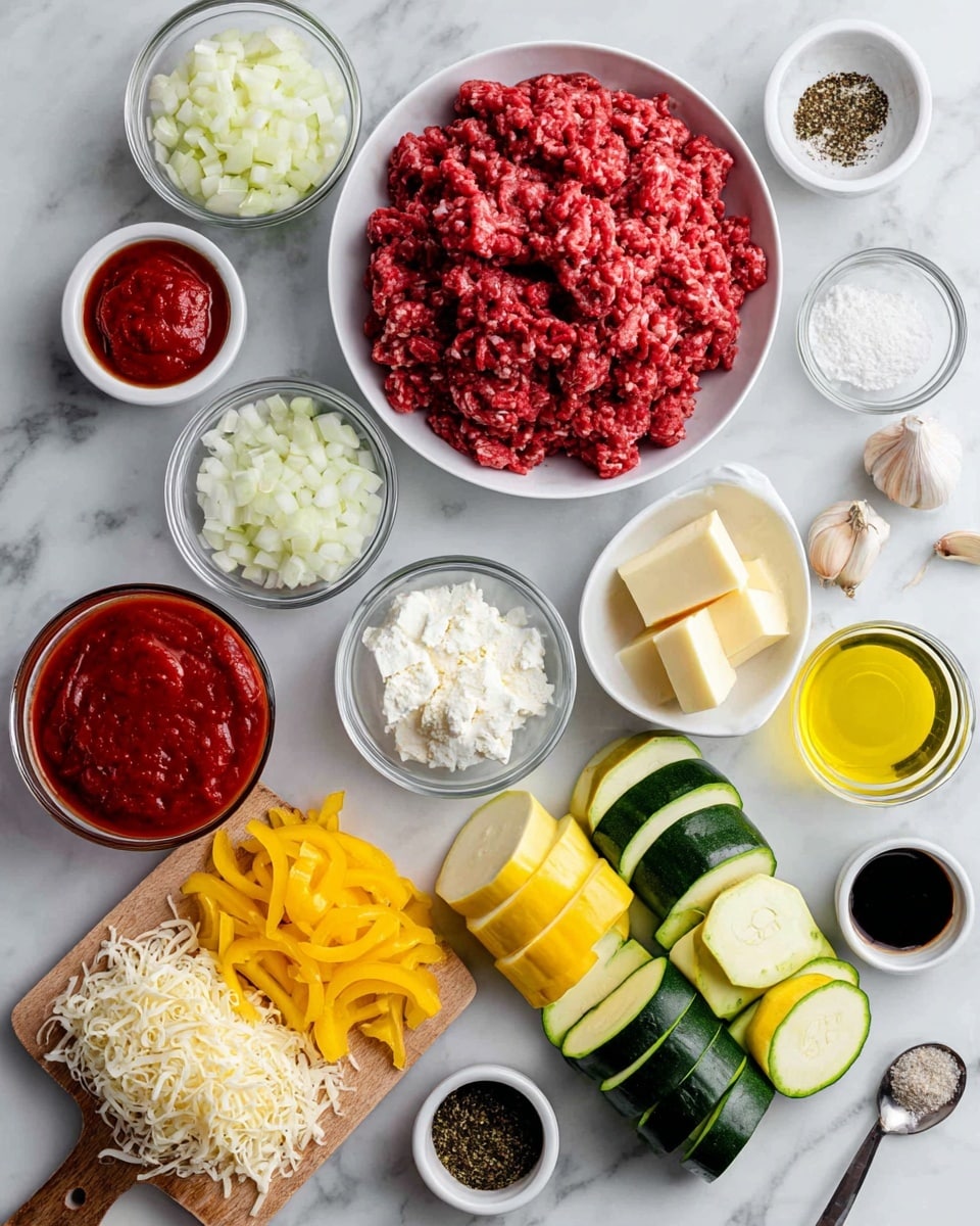 The image shows an overhead view of various uncooked ingredients neatly arranged on a white marbled surface. In the center is a white bowl filled with raw ground beef, deep red and slightly textured. Surrounding it are small clear glass bowls and white small containers holding chopped white onions, diced bright red bell peppers, tomato sauce which is deep red, cream cheese in white wrapping, and thinly sliced green zucchini and yellow summer squash placed in two neat rows side by side. A small glass bowl of golden oil and a small block of pale yellow butter are near a small wooden board with shredded white cheese and a chunk of pale yellow cheese. There are also small dark bowls with white salt, black pepper, and a dark liquid Worcestershire sauce. Small white containers hold dark red tomato paste and a spoon with dried green Italian seasoning. At the top right, two garlic bulbs and cloves sit loose. The whole display is organized and clean with a bright and fresh look, photo taken with an iphone --ar 4:5 --v 7