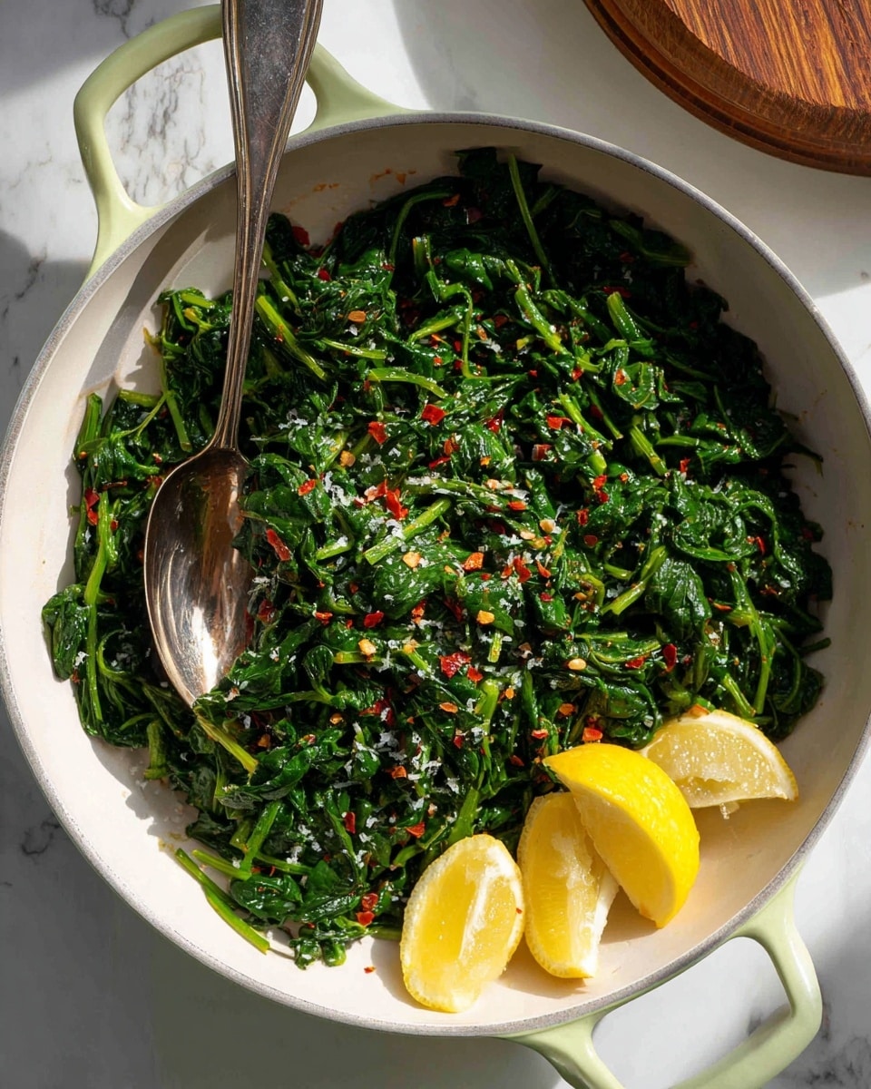 A white oval plate with a gold-rimmed edge is filled with cooked green spinach mixed with small red chili flakes and sprinkled white cheese shreds on top. Two lemon wedges sit on the spinach, one at the top right and the other near the bottom left. The plate is placed on a surface with a white marbled texture. A fork is at the bottom left corner, and a wooden container with white salt is in the upper right background. Photo taken with an iphone --ar 4:5 --v 7