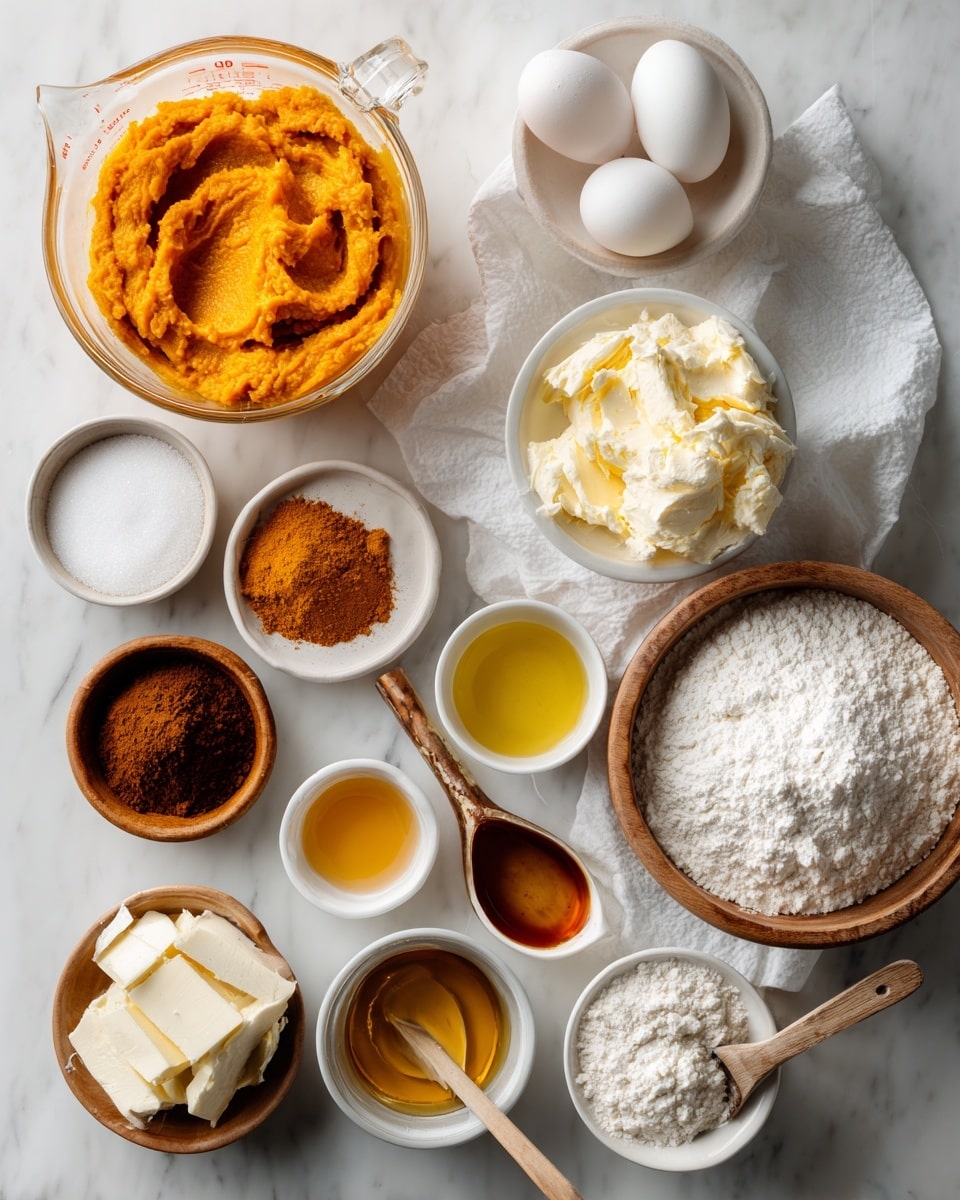 The image shows different baking ingredients neatly arranged on a white marbled surface. On the left side, there is a clear glass measuring cup filled with bright orange pumpkin puree, surrounded by small wooden bowls containing white salt, light brown baking soda and powder, and bright orange pumpkin pie spice, along with white eggs resting on a white paper towel. There are also white bowls filled with white granulated sugar and golden yellow vegetable oil, and a small white bowl holding dark brown sugar, plus a white bowl with amber vanilla extract. On the right side, a large wooden bowl is filled with fine white confectioners’ sugar, placed near white bowls holding off-white cream cheese, pale yellow unsalted butter in a clear glass bowl, amber maple syrup, and more golden vanilla extract. Photo taken with an iphone --ar 4:5 --v 7