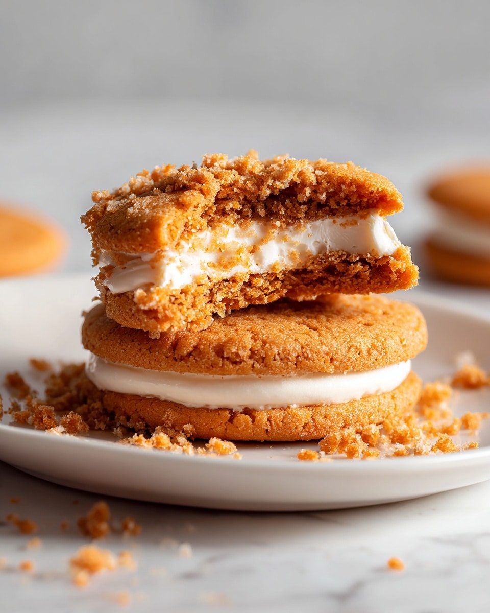 A close-up of a soft orange sandwich cookie cut in half showing its crumbly texture with a creamy white layer of frosting between the two cookie pieces, resting on a white plate with some crumbs scattered around and a white marbled surface in the background. Photo taken with an iphone --ar 4:5 --v 7