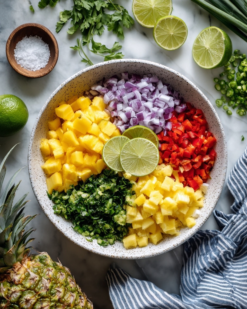 A white speckled bowl sits on a white marbled surface filled with colorful layers of chopped ingredients arranged in sections: bright yellow mango on the left, light yellow pineapple on the right, red bell pepper at the bottom, chopped green herbs and green chili pepper in the center, and diced purple onion at the top. Two lime wedges rest on top of the onion and herbs in the bowl. Surrounding the bowl are lime halves and wedges, green leafy herbs, a small bowl of coarse salt, and a whole pineapple leaf. A blue and white striped cloth partially appears on the lower right side. Photo taken with an iphone --ar 4:5 --v 7