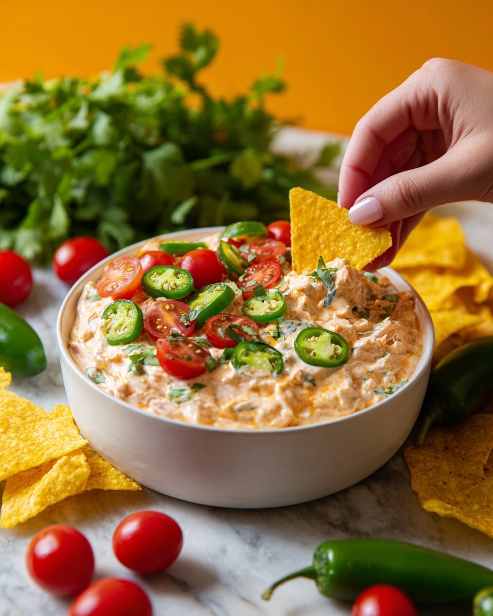 A white bowl filled with a thick, creamy dip that is light orange in color with small chunks visible throughout. On top of the dip are layers of thin green jalapeño slices, bright red halved cherry tomatoes, and small green cilantro leaves, adding fresh color contrast. A woman's hand holds a triangular yellowish tortilla chip, dipping into the bowl. Surrounding the bowl are scattered tortilla chips, whole green jalapeños, and clusters of vibrant red cherry tomatoes. The surface underneath is a white marbled texture with a soft focus bunch of green cilantro leaves in the background, and a warm solid orange backdrop. Photo taken with an iphone --ar 4:5 --v 7
