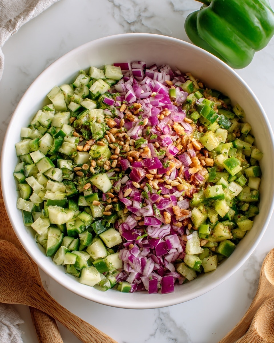 A white bowl filled with a colorful chopped salad, showing three main layers of ingredients. The bottom layer is light green chopped cucumber pieces with a soft, juicy texture, mixed evenly with diced green bell peppers that add a darker green tone and a slight crunch. The middle layer includes scattered small cubes of purple-red onion, adding bright pops of color and freshness. The top layer is sprinkled with small toasted sunflower seeds, light brown and slightly crispy, along with tiny bits of fresh green herbs and a light dressing that gives a slight shine to the salad. The bowl sits on a white marbled surface with some wooden salad utensils and a green bell pepper nearby. Photo taken with an iphone --ar 4:5 --v 7