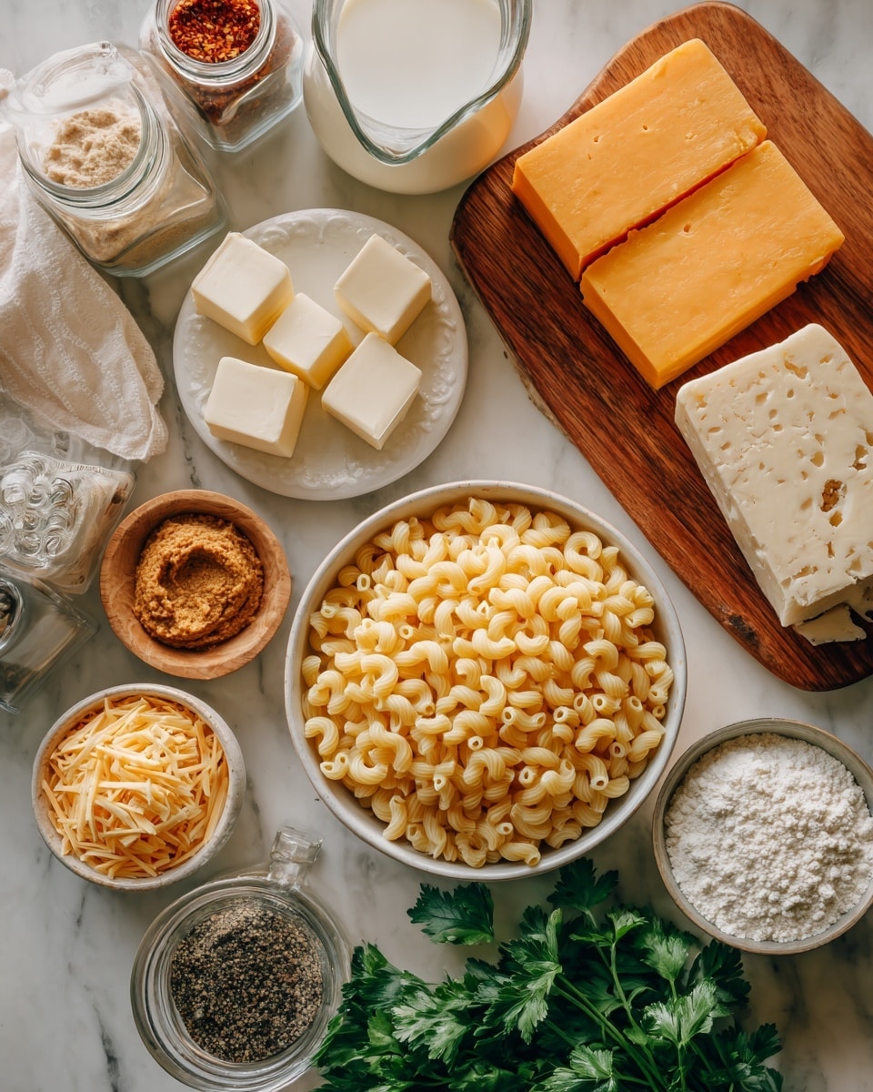 The image shows a white bowl filled with uncooked curly macaroni pasta as the main center object. Around it, on a white marbled surface, there is a round white bowl with three cubes of butter, a wooden cutting board holding three blocks of cheese in orange, white, and marbled orange-white colors with some shredded cheese beside them. Nearby are small white bowls containing a light brown creamy paste and a beige liquid, along with glass spice jars holding white and red spices. There is a clear glass measuring cup with a white liquid, a small bowl of black pepper, a glass bowl of white flour, and a bunch of fresh green parsley on the lower right side. The colors are warm and natural, creating a cozy and fresh feel. Photo taken with an iphone --ar 4:5 --v 7