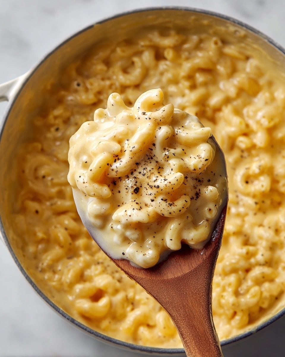 A wooden spoon holds a scoop of creamy macaroni and cheese with soft elbow pasta fully covered in smooth, golden-yellow cheese sauce speckled lightly with black pepper. The large pot below is filled with the same mix, showing thick, shiny sauce coating every pasta piece uniformly. The overall texture looks rich and velvety, with the elbow macaroni’s curves visible under the creamy cheese layer. The scene sits on a white marbled surface. photo taken with an iphone --ar 4:5 --v 7