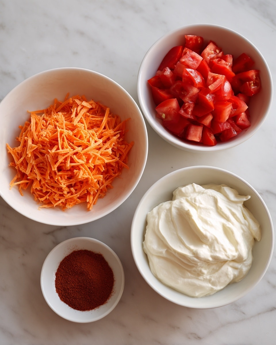 This image shows five white bowls placed on a white marbled surface. The largest bowl on the left is filled with shredded bright orange cheese, which has a thin and slightly rough texture. The bowl on the right holds chopped red tomatoes with a juicy and somewhat chunky texture. Below these two larger bowls, there is a medium-sized bowl filled with smooth, thick white cream that looks soft and whipped. To the left of the cream bowl, there is a small bowl with a reddish-brown powder spice that appears finely ground. The overall setup is neat and organized, with the bright colors of the ingredients contrasting against the clean white bowls and marbled surface. photo taken with an iphone --ar 4:5 --v 7