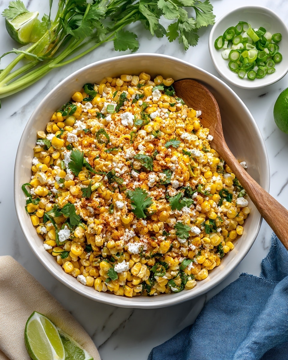 A white bowl filled with a colorful mixture of yellow and white corn kernels mixed with green chopped herbs and small pieces of green chili, topped with crumbled white cheese and sprinkled with a reddish powder, likely chili powder. A wooden spoon rests inside the bowl, partly under the corn mixture. Fresh cilantro leaves are scattered on top. Around the bowl, there are some fresh green herbs, sliced green onions in a small white bowl, and a lime wedge on a white marbled surface. A beige cloth and a blue napkin are partly visible near the bowl. Photo taken with an iphone --ar 4:5 --v 7