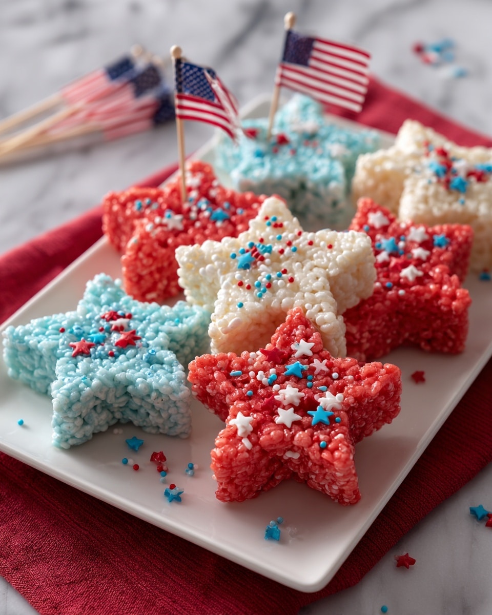 The image shows star-shaped treats stacked on a white plate with a blue rim, placed on a white marbled surface. Each star has two layers, with either a bright red bottom layer or a turquoise blue bottom layer. The top layer is in the opposite color, red on the blue bases and blue on the red bases, creating a colorful contrast. Both layers have a shiny, textured surface with sprinkled decorations of white, red, blue, and purple small ball and star shapes evenly spread across. Part of a glass of milk and another white plate with more stacked stars are visible in the background. photo taken with an iphone --ar 4:5 --v 7