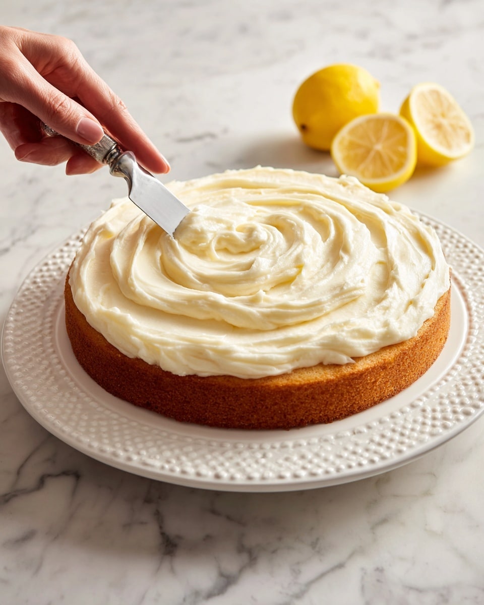 A single round yellow cake layer sits on a white decorative plate with raised dots along the edge, placed on a white marbled surface. The cake has a thick, smooth layer of white creamy frosting spread evenly over the top, with gentle swirls and peaks made by a spatula that is visible in the foreground being held by a woman's hand. To the side, two yellow lemon halves rest on the white marbled surface, adding a touch of bright color. Photo taken with an iphone --ar 4:5 --v 7