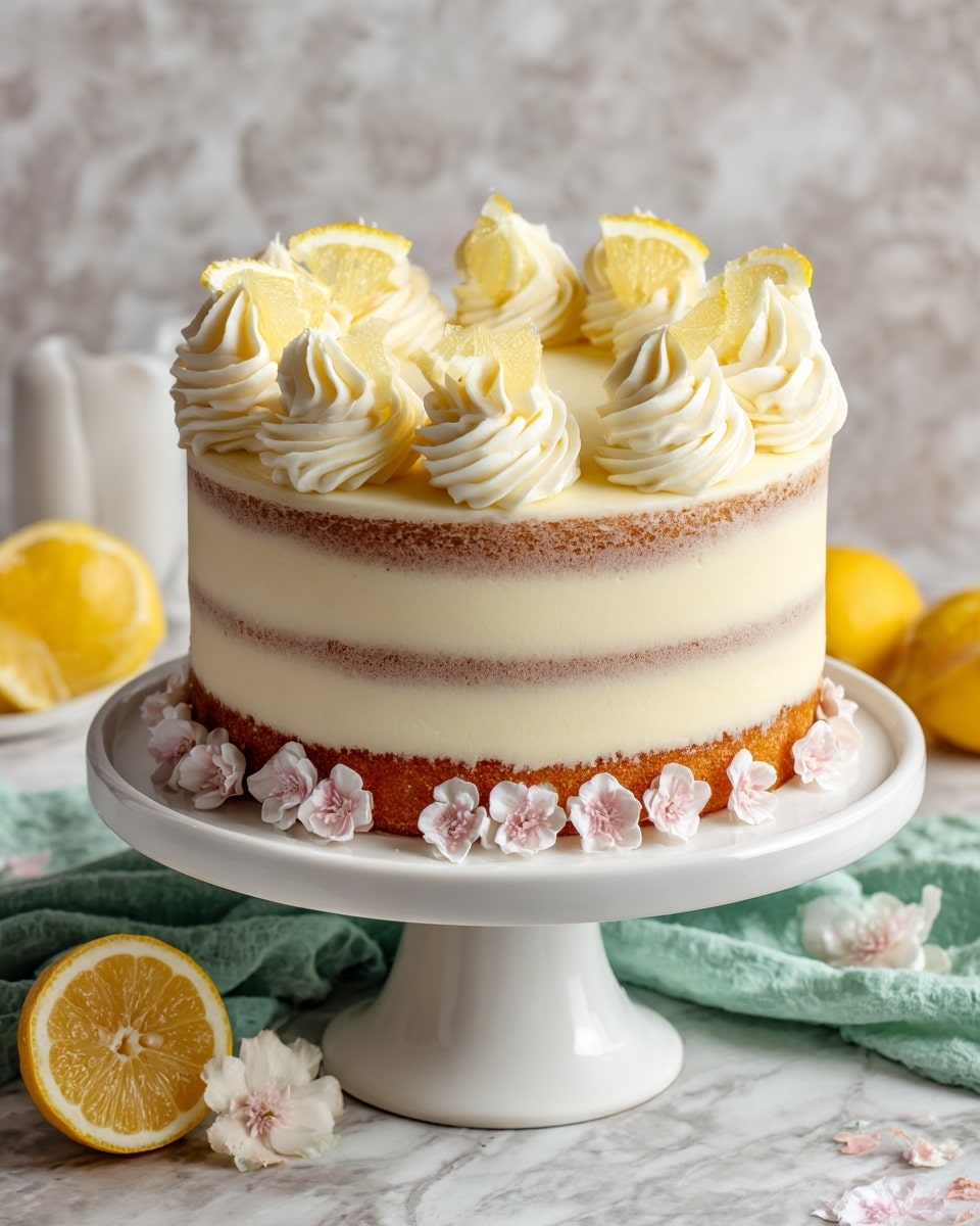 A three-layer cake with light yellow sponge visible between smooth, light cream frosting layers covers the whole cake. On top, there are eight large swirls of white cream, each topped with a small lemon wedge, arranged evenly around the edge. The cake sits on a white cake stand with small pink flowers around its base. The background is a white marbled texture with a green cloth and lemon halves near the stand. Photo taken with an iphone --ar 4:5 --v 7