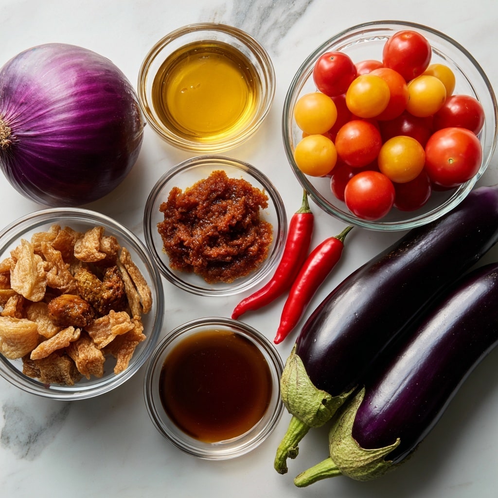 The image shows fresh ingredients laid out on a white marbled surface. On the left are green scallions with white roots tied together, next to a round deep red onion. In the center, three long dark purple eggplants with green tops lie side by side. Small bright red chillies are placed near the onion and eggplants. On the right, a small white bowl holds red and yellow cherry tomatoes. Below, four small white bowls contain a dark brown fermented fish paste, light golden cane vinegar, dark brown fish sauce, and a mixture of light and golden brown crispy pork rinds. The arrangement is neat and simple, showing the variety of colors and textures of the fresh and prepared ingredients clearly photo taken with an iphone --ar 4:5 --v 7