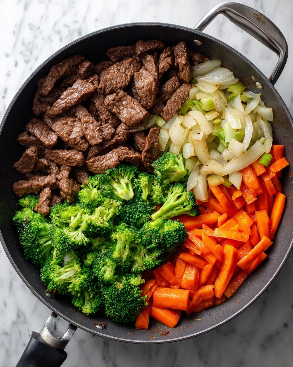 A frying pan filled with three main layers of food arranged in sections. On the left side is a large portion of cooked thin strips of brown meat with a slightly seared look. In the middle and stretching to the right side, there are cooked chopped onions that are translucent white and orange-colored carrot sticks. Mixed with the carrots and onions, there are bright green broccoli florets scattered throughout. The pan is set on a black stovetop with a white marbled countertop beside it. photo taken with an iphone --ar 4:5 --v 7