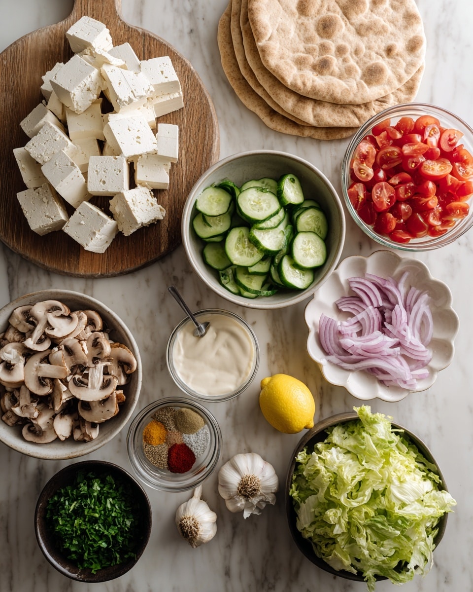 The image shows ingredients laid out on a white marbled surface. On a wooden board to the left, there are sliced white tofu pieces stacked above sliced white mushrooms. Above this board, there are two folded brown pita breads. To the right, a white bowl holds sliced green cucumbers, and next to it is a smaller clear bowl with red chopped tomatoes. Above these, a whole yellow lemon is visible. Below the cucumber bowl, a small clear bowl contains white vegan mayo mixed with apple cider vinegar. Nearby, a white scalloped plate holds various ground spices in sections of reddish brown, light beige, white, and brown colors. To the right on the marble surface, there are two cloves of garlic. Below this, a black bowl holds chopped green lettuce, and next to it is a small clear bowl with light pink sliced red onions. Overall, the arrangement is clean and colorful with fresh ingredients. Photo taken with an iphone --ar 4:5 --v 7