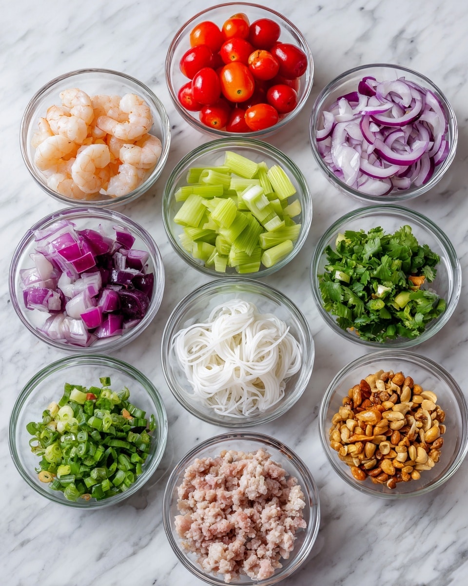 The image shows nine clear glass bowls arranged in two rows on a white marbled surface. In the top row from left to right are shrimp, bright red cherry tomatoes (some sliced in half showing the inside), thin slices of purple and white red onion, light green Chinese celery pieces, and finely chopped dark green onion. The bottom row contains small crushed light brown peanuts, chopped fresh green cilantro, pink ground pork, and a small pile of white bean thread noodles. Each bowl clearly displays its vibrant contents with natural colors and textures. photo taken with an iphone --ar 4:5 --v 7