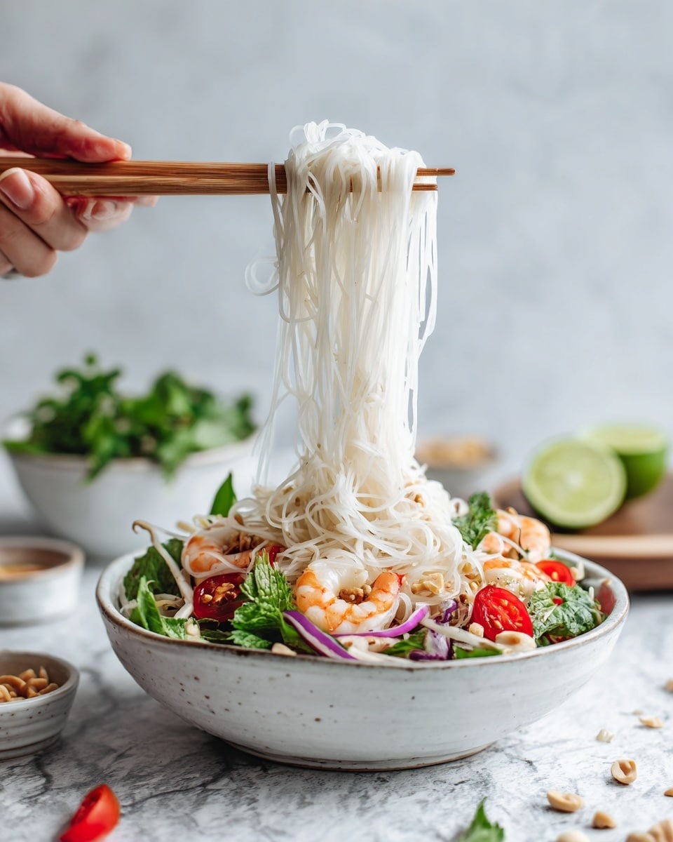 A white bowl filled with thin, translucent glass noodles lifted by a woman's hand holding white and wood chopsticks. The noodles rest on a mix of shrimp with orange and white color, chopped red cherry tomatoes, purple onion slices, green leafy herbs, crushed peanuts, and small bits of light brown minced meat, all sitting on a white marbled surface. In the background, there is another bowl with similar ingredients, a bowl of green herbs, and half a lime visible. The scene has a soft, bright tone with a gentle focus on the lifted noodles. photo taken with an iphone --ar 4:5 --v 7