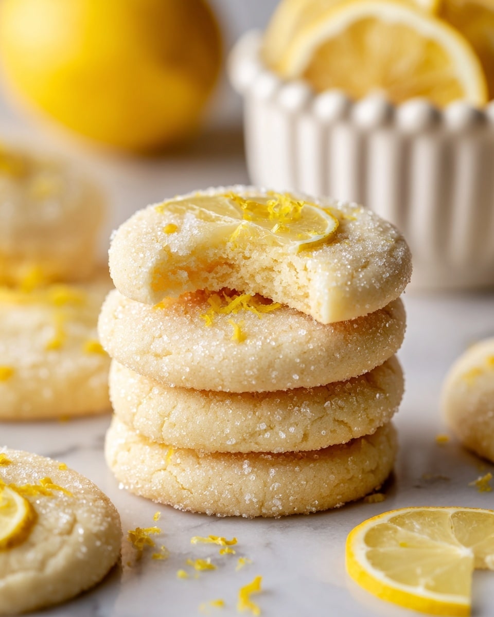 The image shows a stack of three lemon sugar cookies in the center, with the top cookie having a small bite taken from it. The cookies are light golden with a sugar-coated texture and a small slice of bright yellow lemon on the very top cookie layered with tiny lemon zest pieces scattered around. Around the stack, there are more lemon sugar cookies lying flat, all showing the same light golden color, sugar coating, and subtle lemon zest. In the background, there is a whole lemon on the left side and a white ceramic dish filled with lemon slices, all placed on a white marbled surface. The focus is tight on the cookies, highlighting their soft texture and sugary coating. Photo taken with an iphone --ar 4:5 --v 7